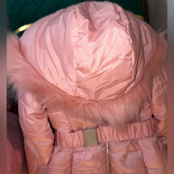Calvin Klein faux fur hooded Blush Pink Puffer w/Belt Coat - EUC Like New - Picture 9 of 11